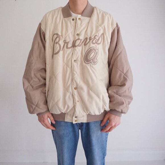 80s Cooperstown Atlanta Braves Cream Quilted Button Up Varsity Bomber Jacket XL - Picture 1 of 16